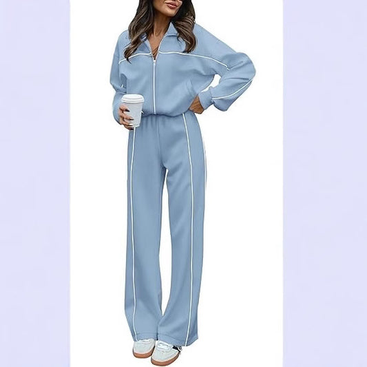Long-sleeved Zip-up Top And Belted Straight-leg Pants Suit