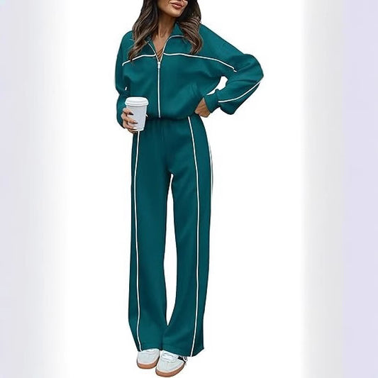 Long-sleeved Zip-up Top And Belted Straight-leg Pants Suit