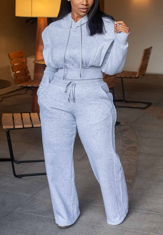 Drawstring Hooded Long-sleeved Sweatshirt With Wide-leg Pants Suit