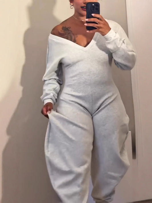 Deep V Neck Long Sleeve Jumpsuit