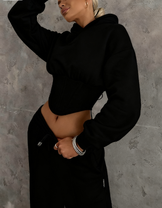 Casual Herringbone Waist Short Sweatshirt Suit
