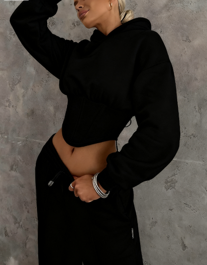 Casual Herringbone Waist Short Sweatshirt Suit