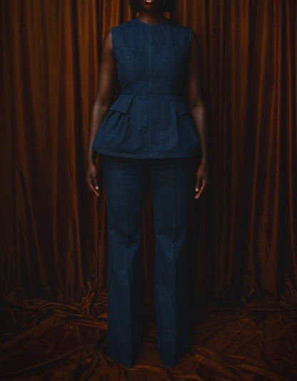 Backless Denim Peplum Top & Pant