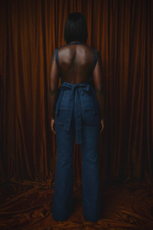 Backless Denim Peplum Top & Pant
