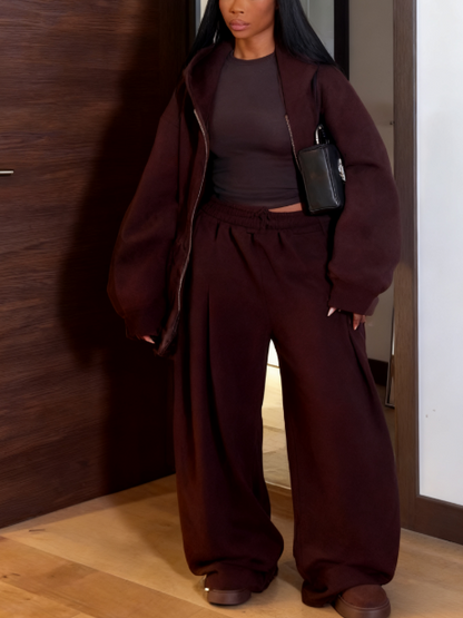 Hooded Zip-up Cardigan And Pants Two Pieces Sets