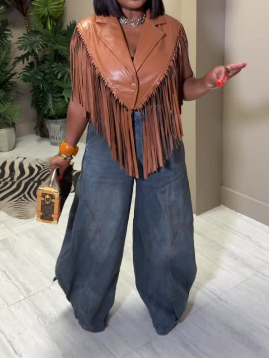 Sleeveless Fringed PU Blazer Vest