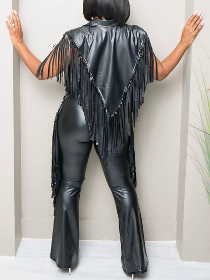 Sleeveless Fringed PU Blazer Vest