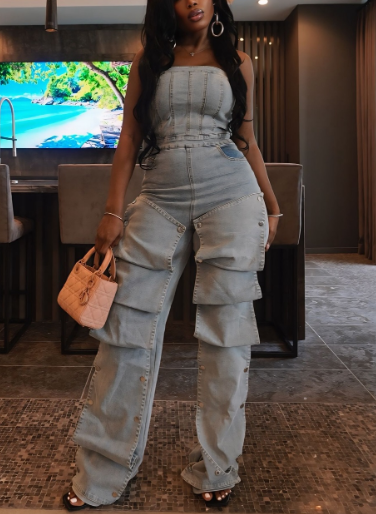 Multi-pocket Off-the-shoulder Denim Jumpsuit