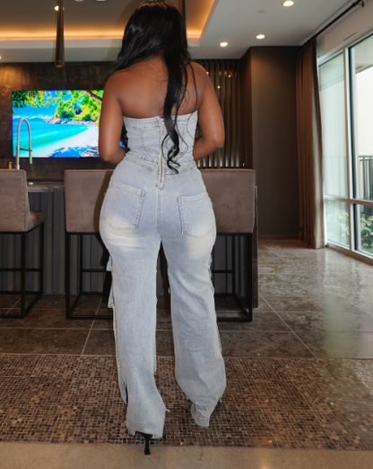 Multi-pocket Off-the-shoulder Denim Jumpsuit