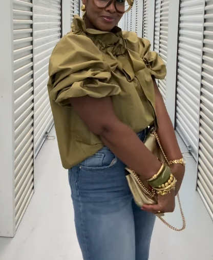 Ruffle Collar Lantern Sleeve Shirt