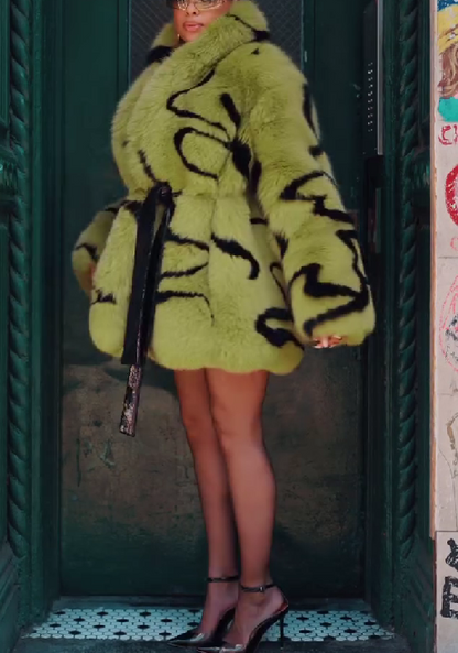 Pattern Faux Fur Long Sleeve Front Opened Jacket