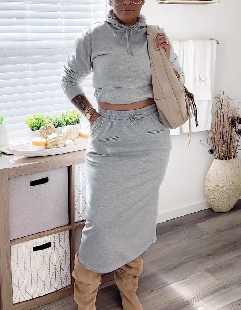 Fashionable Hooded Drawstring Sweatshirt Two Piece Sets