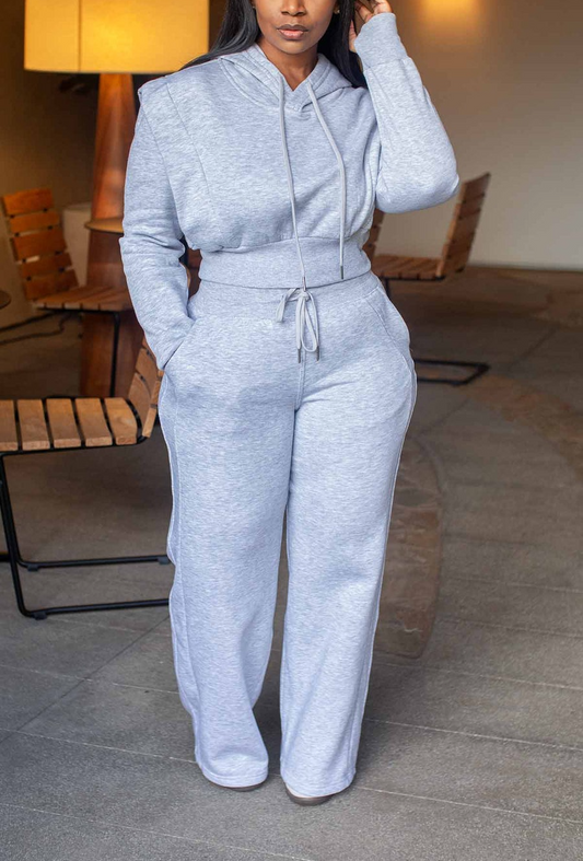 Drawstring Hooded Long-sleeved Sweatshirt With Wide-leg Pants Suit