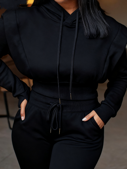 Drawstring Hooded Long-sleeved Sweatshirt With Wide-leg Pants Suit