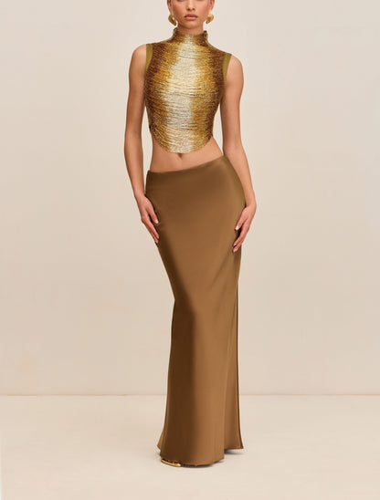 Sleeveless High-neck Fringe Paneled Top &Satin Skirt Set