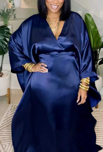 Loose V-neck Batwing Sleeve Shiny Silky Satin Dress