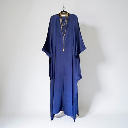Loose V-neck Batwing Sleeve Shiny Silky Satin Dress