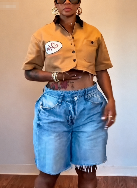V-neck Cropped Letter Workshirt