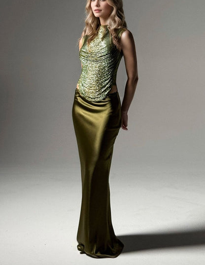 Sleeveless High-neck Fringe Paneled Top &Satin Skirt Set