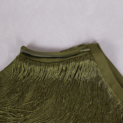 Sleeveless High-neck Fringe Paneled Top &Satin Skirt Set