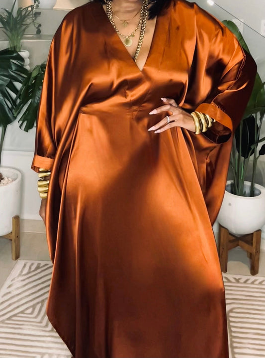 Loose V-neck Batwing Sleeve Shiny Silky Satin Dress